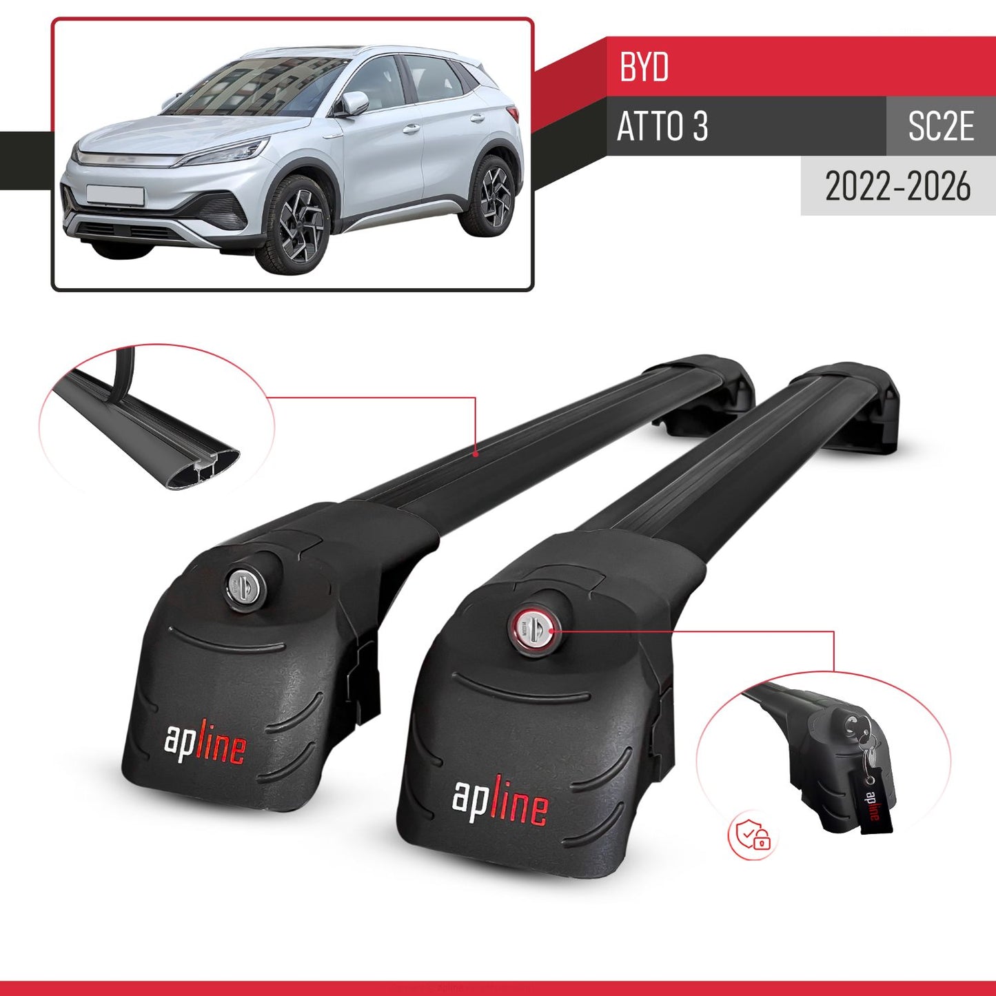 Compatible with BYD Atto 3 2022-2025 ACE-2 Car Roof Rack Cross Bar Black Aluminium 2 Bars