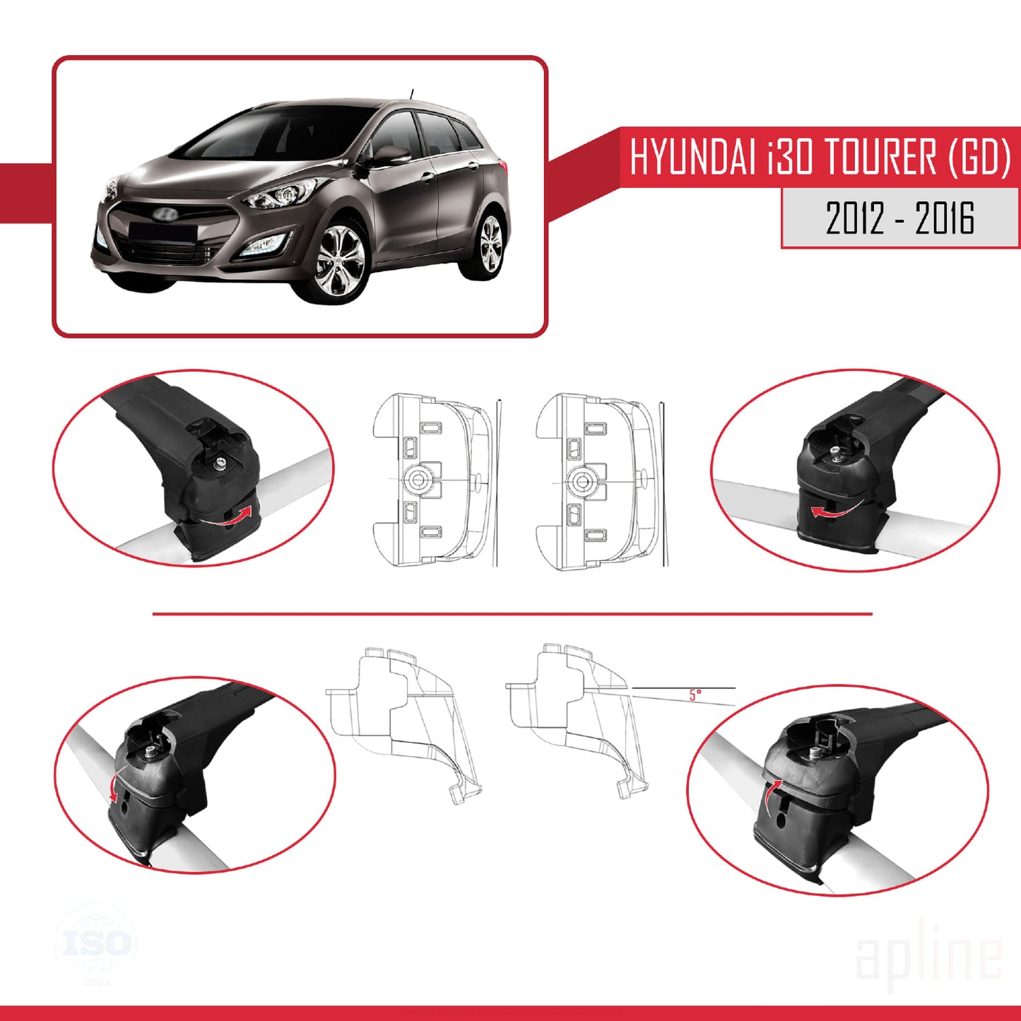 Compatible with Hyundai i30 2 (GD) Tourer 2012-2016 ACE-2 Car Roof Rack Cross Bar Black Aluminium 2 Bars