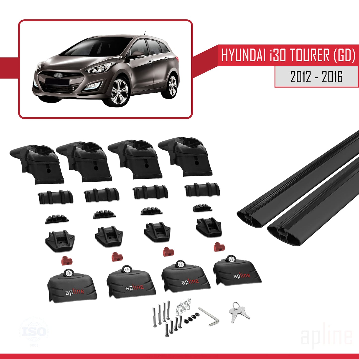 Compatible with Hyundai i30 2 (GD) Tourer 2012-2016 ACE-2 Car Roof Rack Cross Bar Black Aluminium 2 Bars