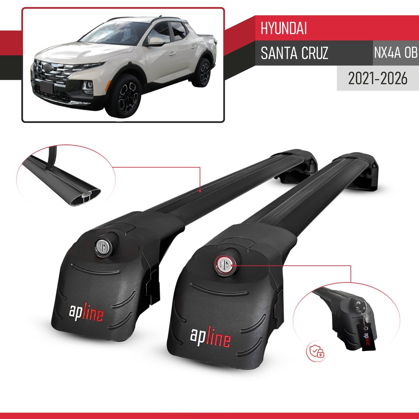 Kompatibel mit Hyundai Santa Cruz (NX4A OB) 2022-2025 ACE-2 Relingträger Dachträger Auto Gepäckträger Schwarz Aluminium 2 Stangen