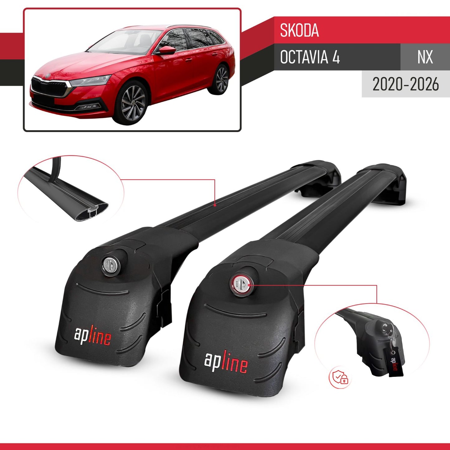 Kompatibel mit Skoda Octavia 4 (NX) 2020-2025 ACE-2 Relingträger Dachträger Auto Gepäckträger Schwarz Aluminium 2 Stangen