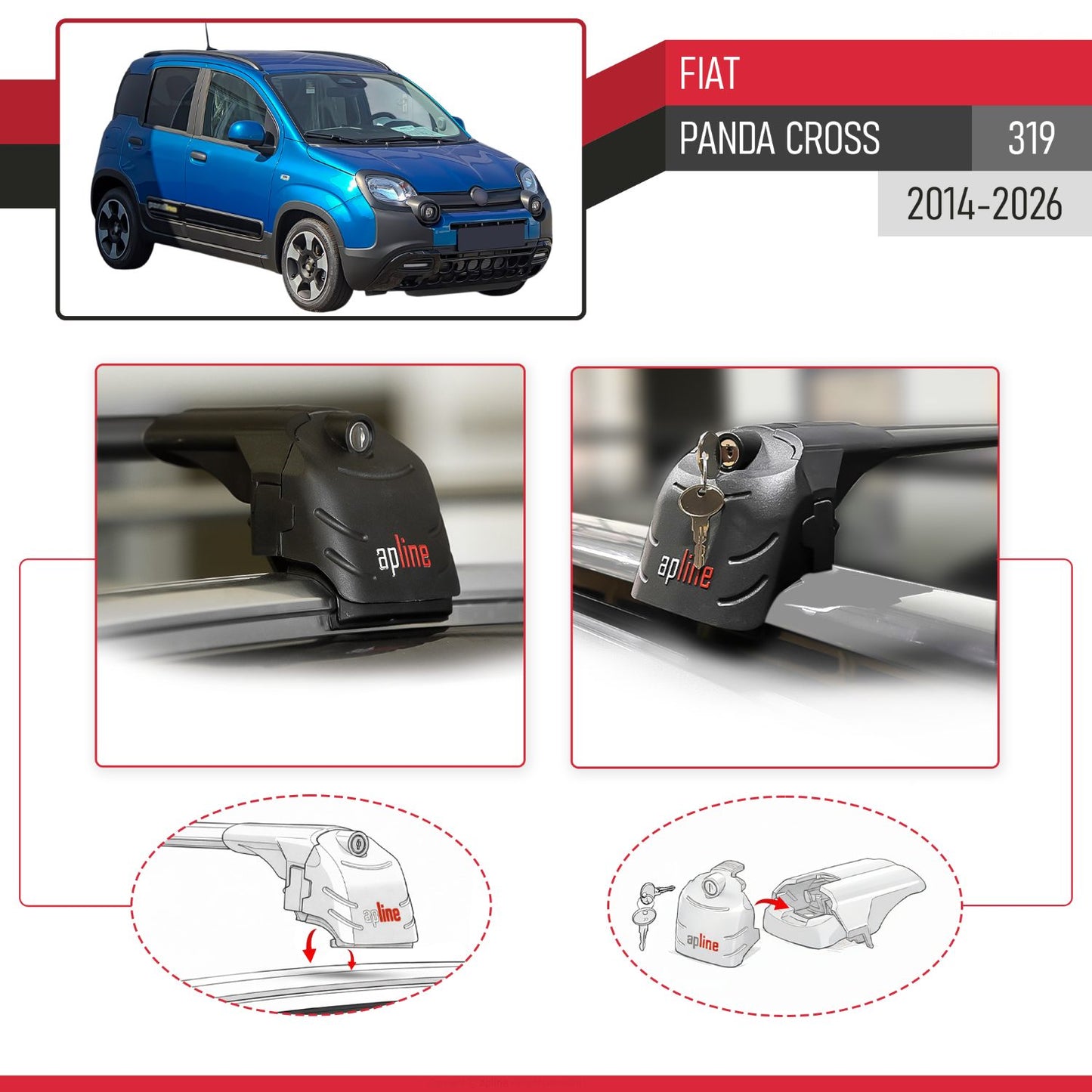 Compatible with Fiat Panda Cross 2014-2025 ACE-2 Car Roof Rack Cross Bar Black Aluminium 2 Bars