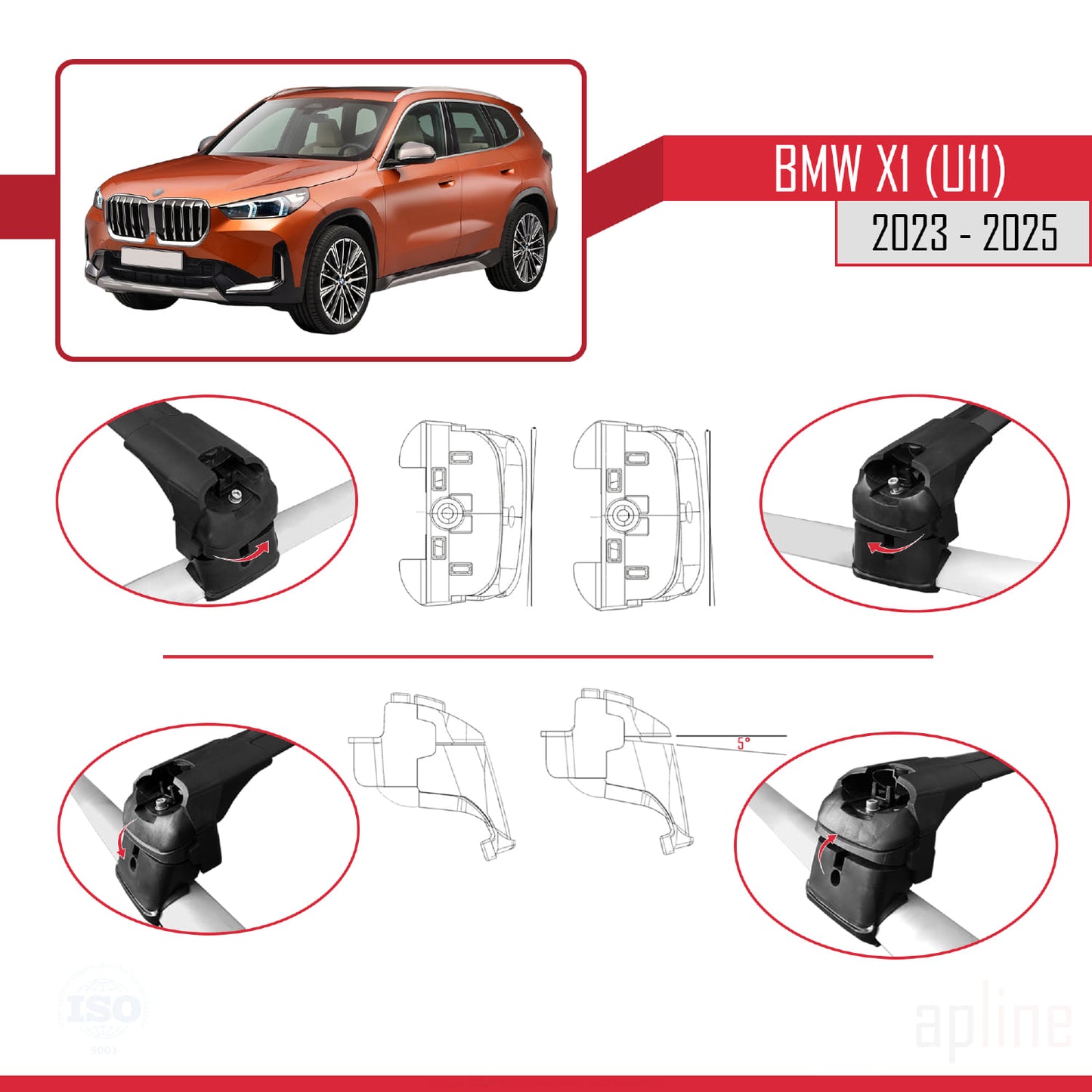 Kompatibel mit BMW X1 (U11) 2023-2025 ACE-2 Dachträger, Auto-Dachgepäckträger, schwarzes Aluminium, 2 Stangen