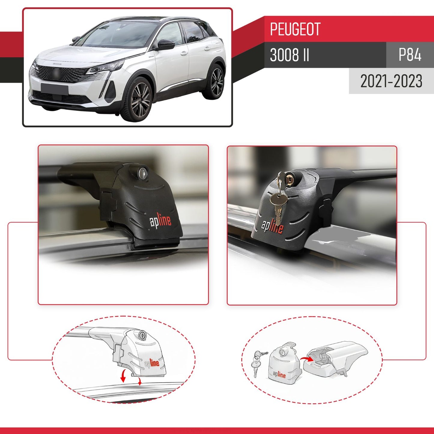 Kompatibel mit Peugeot 3008 II (P84) Post-Facelift 2021-2023 ACE-2 Relingträger Dachträger Auto Gepäckträger Schwarz Aluminium 2 Stangen