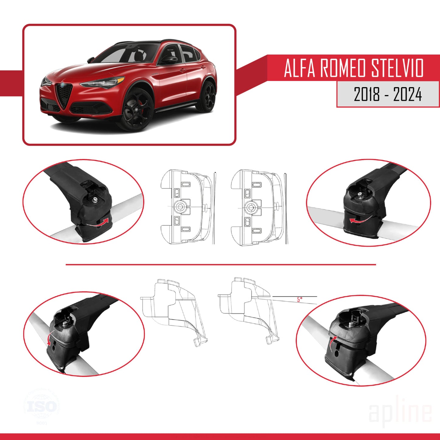 Compatible avec Alfa Romeo Stelvio 2018-2024 ACE-2 Barres de Toit Railing Porte-Bagages de Voiture Noir Aluminium 2 Barres