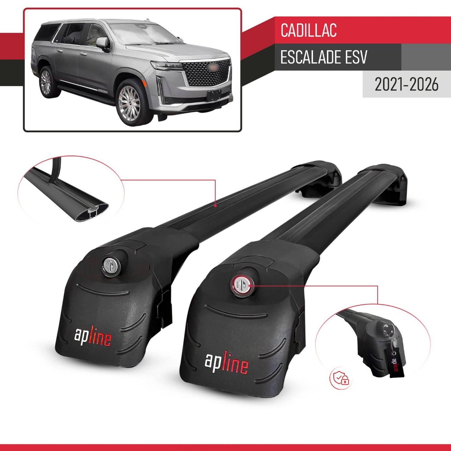 Compatible with Cadillac Escalade ESV 2021-2024 ACE-2 Car Roof Rack Cross Bar Black Aluminium 2 Bars