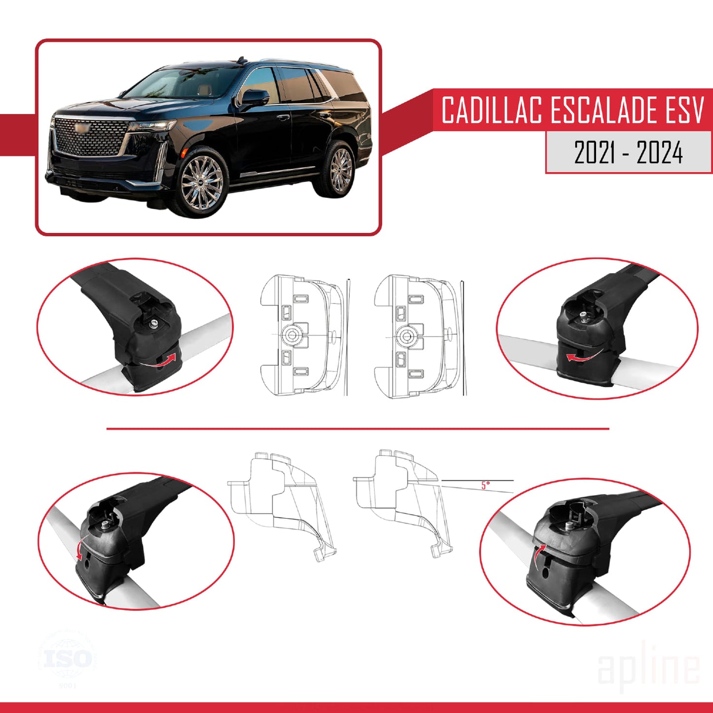 Compatible avec Cadillac Escalade ESV 2021-2024 ACE-2 Barres de Toit Railing Porte-Bagages de Voiture Noir Aluminium 2 Barres