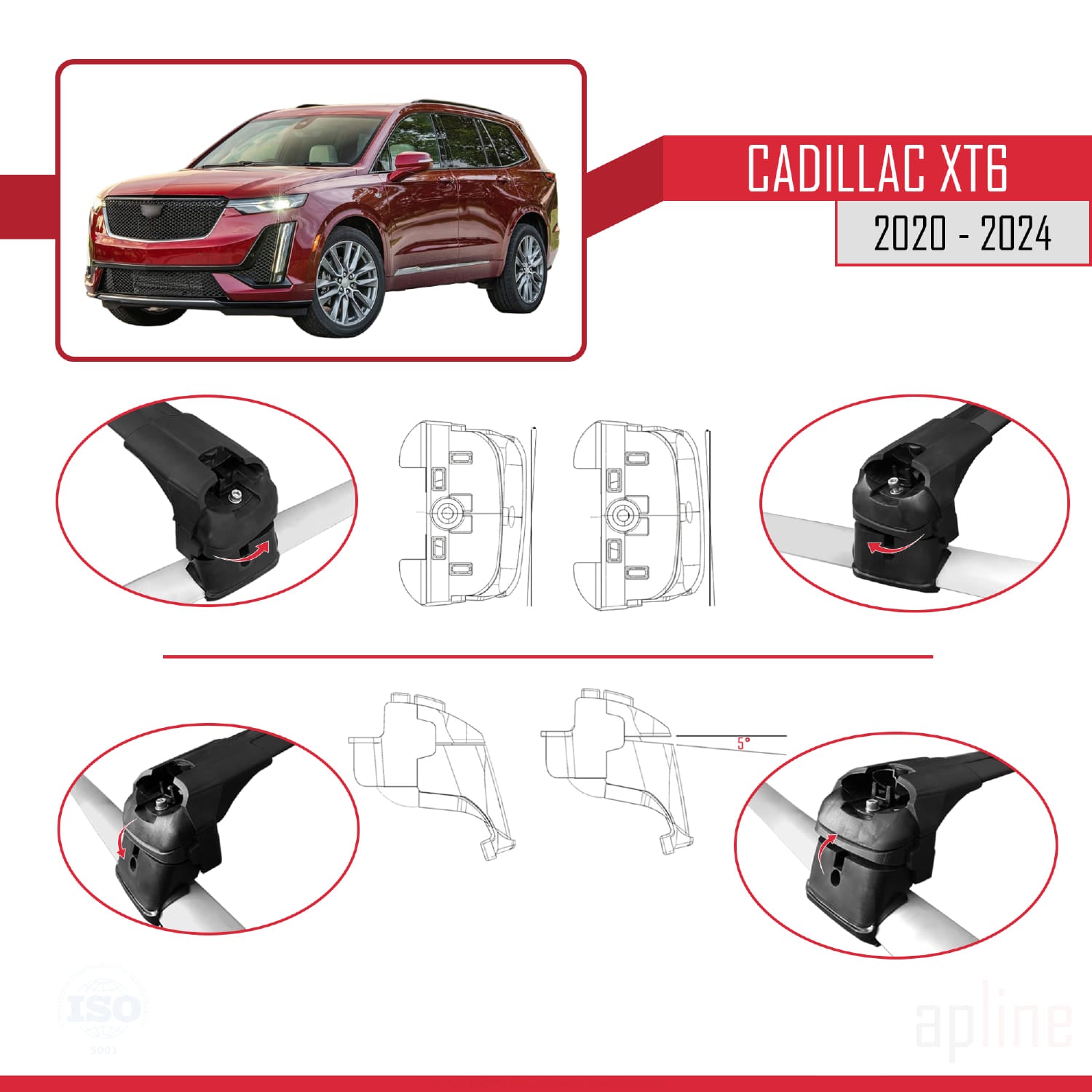Compatible avec Cadillac XT6 2020-2024 ACE-2 Barres de Toit Railing Porte-Bagages de Voiture Noir Aluminium 2 Barres