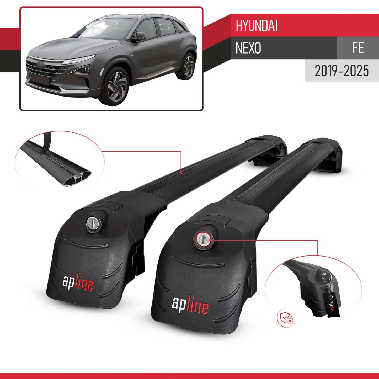 Compatible with Hyundai Nexo 2019-2023 ACE-2 Car Roof Rack Cross Bar Black Aluminium 2 Bars