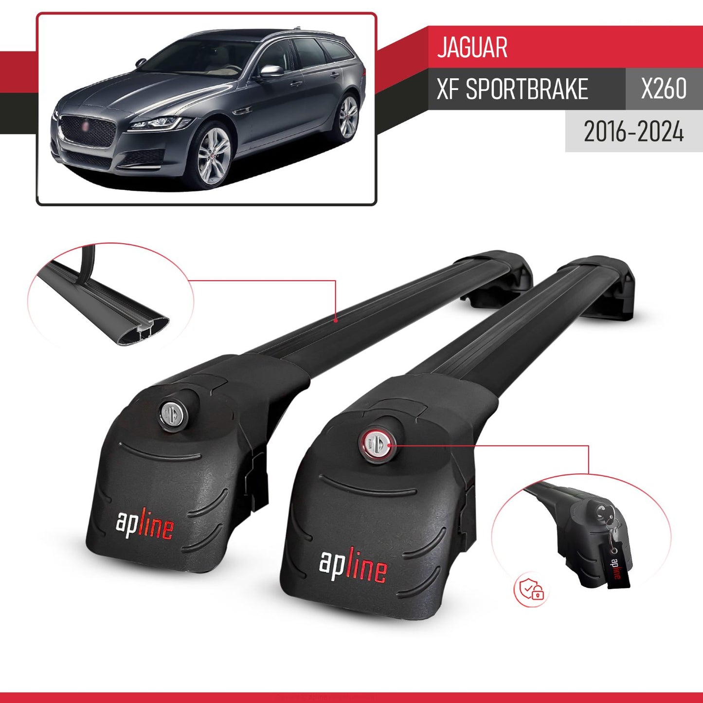 Compatible with Jaguar XF S 2018-2024 ACE-2 Car Roof Rack Cross Bar Black Aluminium 2 Bars