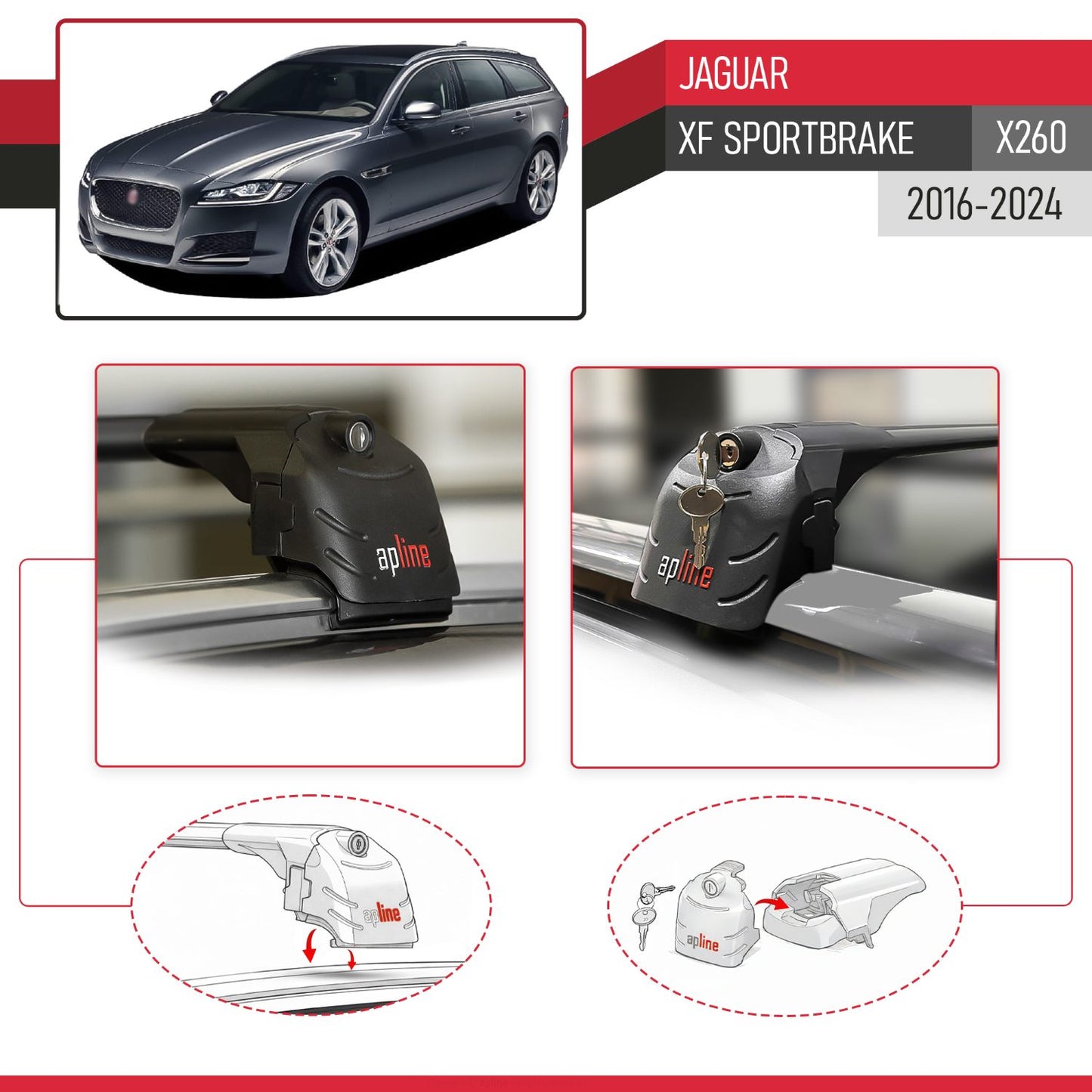 Compatible with Jaguar XF S 2018-2024 ACE-2 Car Roof Rack Cross Bar Black Aluminium 2 Bars