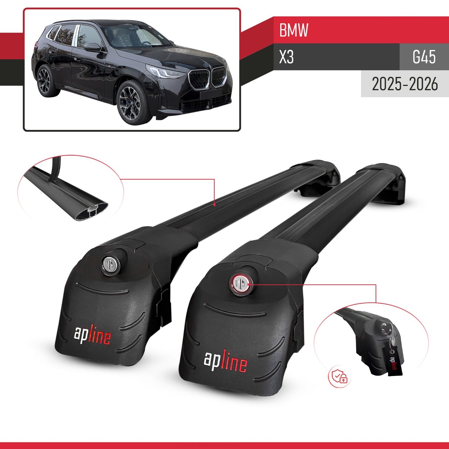 Kompatibel mit BMW X3 (G45) 2025 ACE-2 Relingträger Dachträger Auto Gepäckträger Schwarz Aluminium 2 Stangen