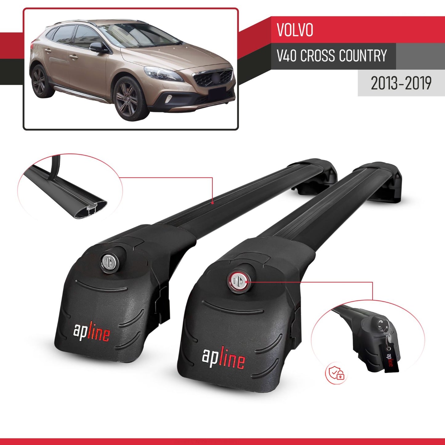 Compatible with Volvo V40 Cross Country 2013-2018 ACE-2 Car Roof Rack Cross Bar Black Aluminium 2 Bars