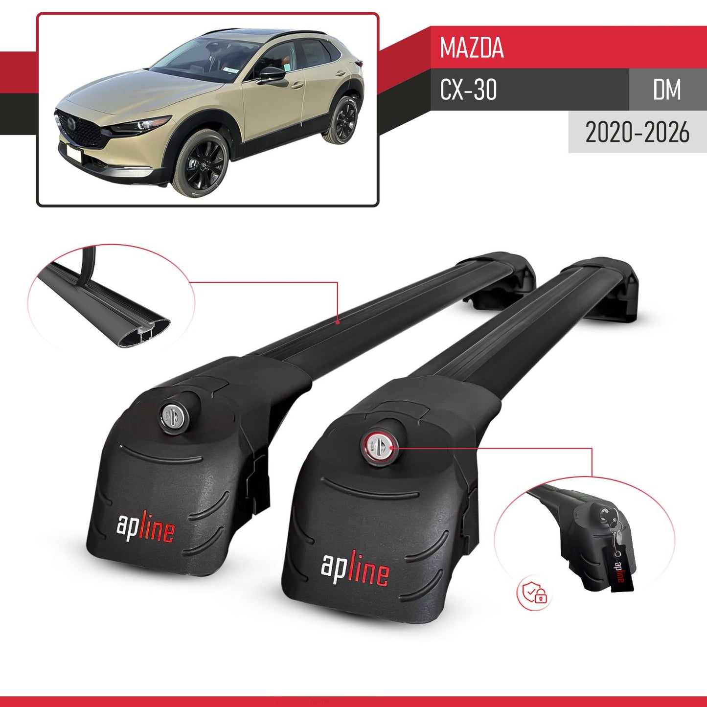 Kompatibel mit Mazda CX-30 2020-2025 ACE-2 Relingträger Dachträger Auto Gepäckträger Schwarz Aluminium 2 Stangen