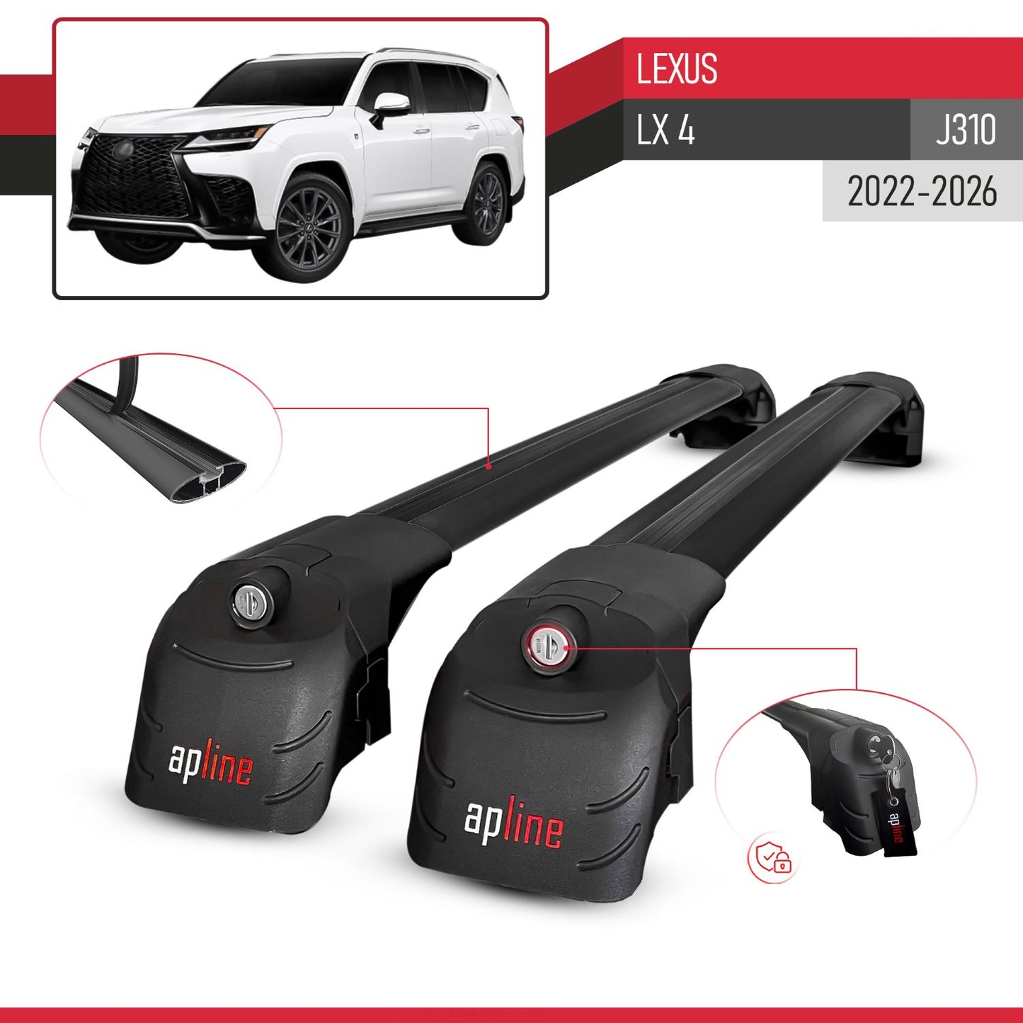 Compatible with Lexus LX 600 2022-2025 ACE-2 Car Roof Rack Cross Bar Black Aluminium 2 Bars
