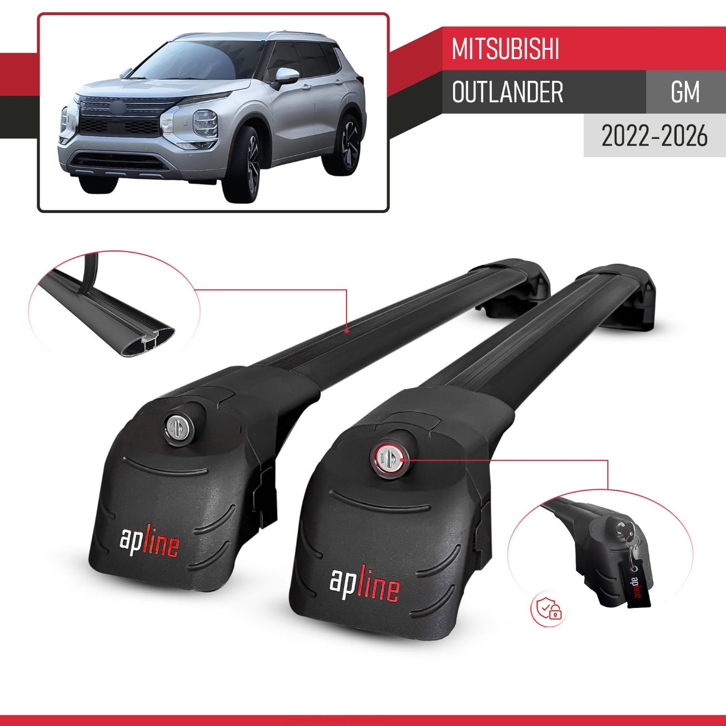 Compatible with Mitsubishi Outlander 2022-2025 ACE-2 Car Roof Rack Cross Bar Black Aluminium 2 Bars