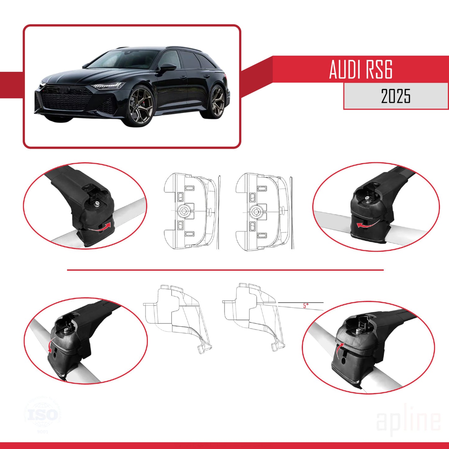 Compatible avec Audi RS6 2025 ACE-2 Barres de Toit Railing Porte-Bagages de Voiture Noir Aluminium 2 Barres