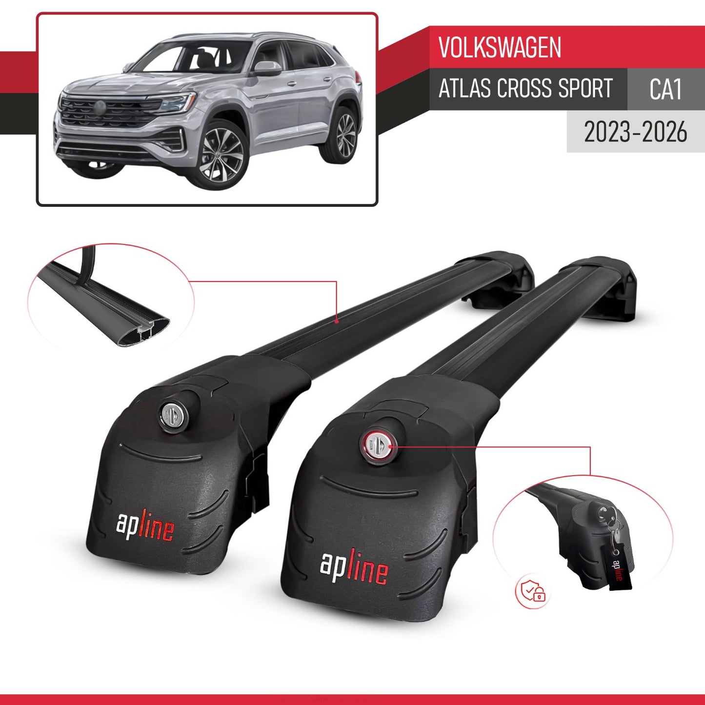 Compatible with Volkswagen Atlas Cross Sport 2023-2025 ACE-2 Car Roof Rack Cross Bar Black Aluminium 2 Bars