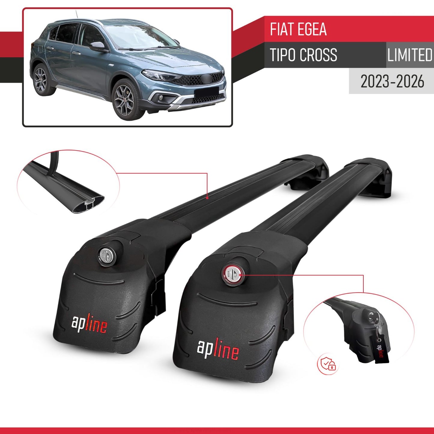 Compatible with Fiat Egea / Tipo Cross (LIMITED) 2023-2025 ACE-2 Car Roof Rack Cross Bar Black Aluminium 2 Bars