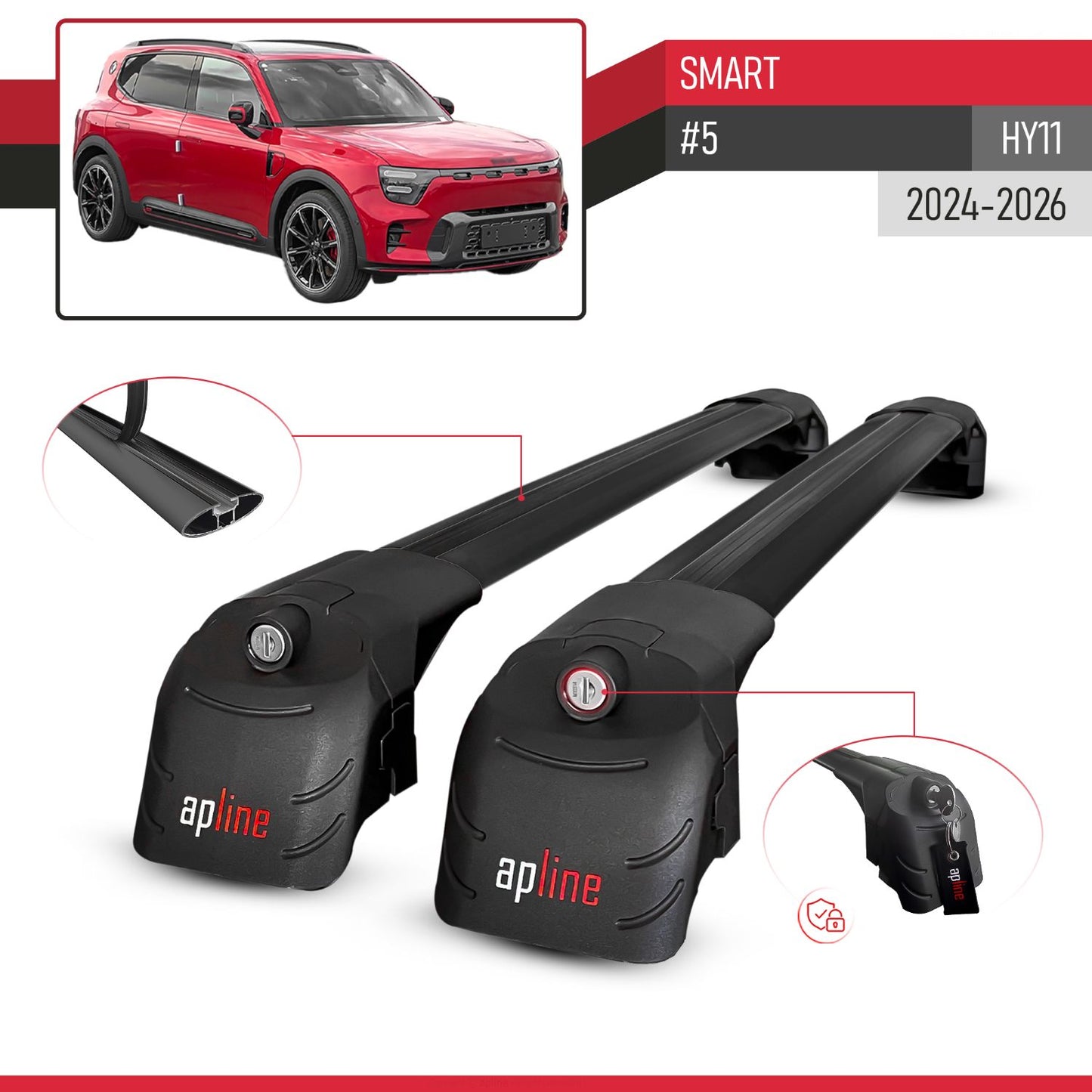 Compatible with SMART #5 2024-2026 ACE-2 Car Roof Rack Cross Bar Black Aluminium 2 Bars