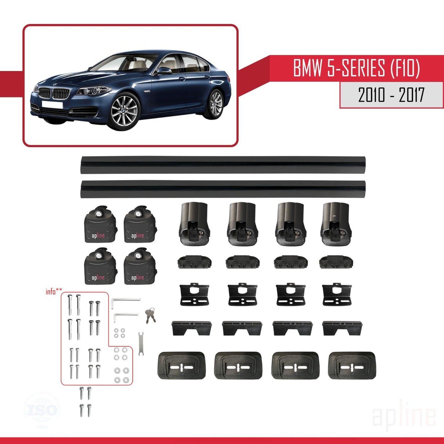 Compatible avec BMW Série 5 (F10) 2010-2017 ACE-3 Barres de Toit Railing Porte-Bagages de Voiture Noir Aluminium 2 Barres