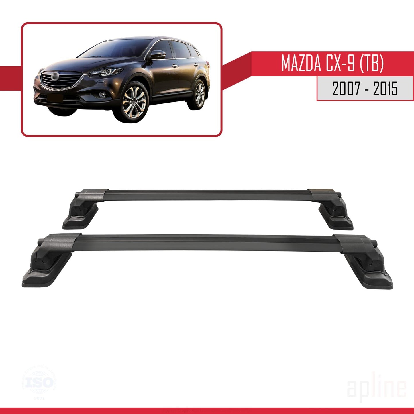 Compatible avec Mazda CX-9 (TB) 2007-2015 ACE-3 Barres de Toit Railing Porte-Bagages de Voiture Noir Aluminium 2 Barres