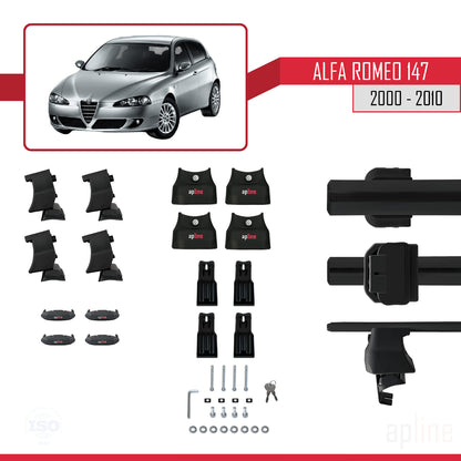 Kompatibel mit Alfa Romeo 147 (T937) 2000-2010 ACE-4 Dachgepäckträger, Reling, Gepäckträger, schwarzes Aluminium, 2 Stangen