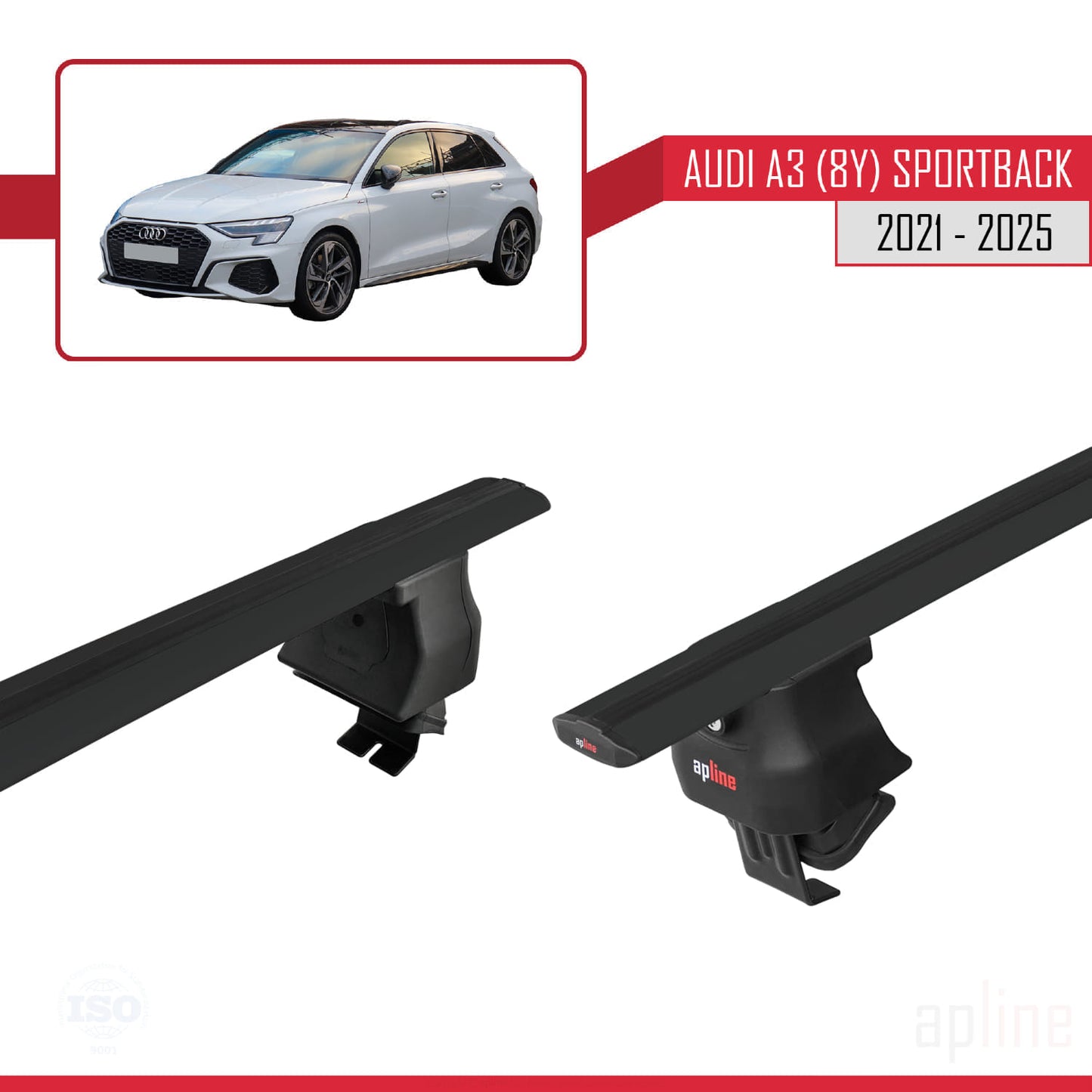 Compatible avec A3 (8Y) Sportback 2020-2025 ACE-4 Barres de Toit Railing Porte-Bagages de Voiture Noir Aluminium 2 Barres