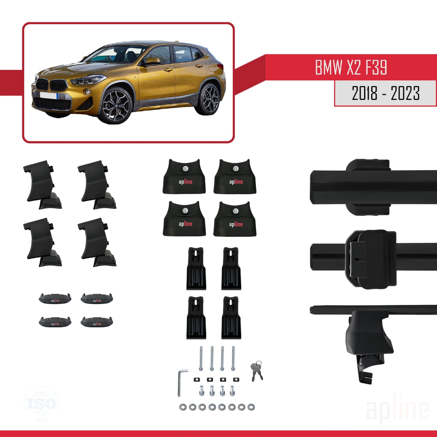 Kompatibel mit BMW X2 (F39) 2018-2023 ACE-4 Dachträger, Auto-Dachgepäckträger, schwarzes Aluminium, 2 Stangen