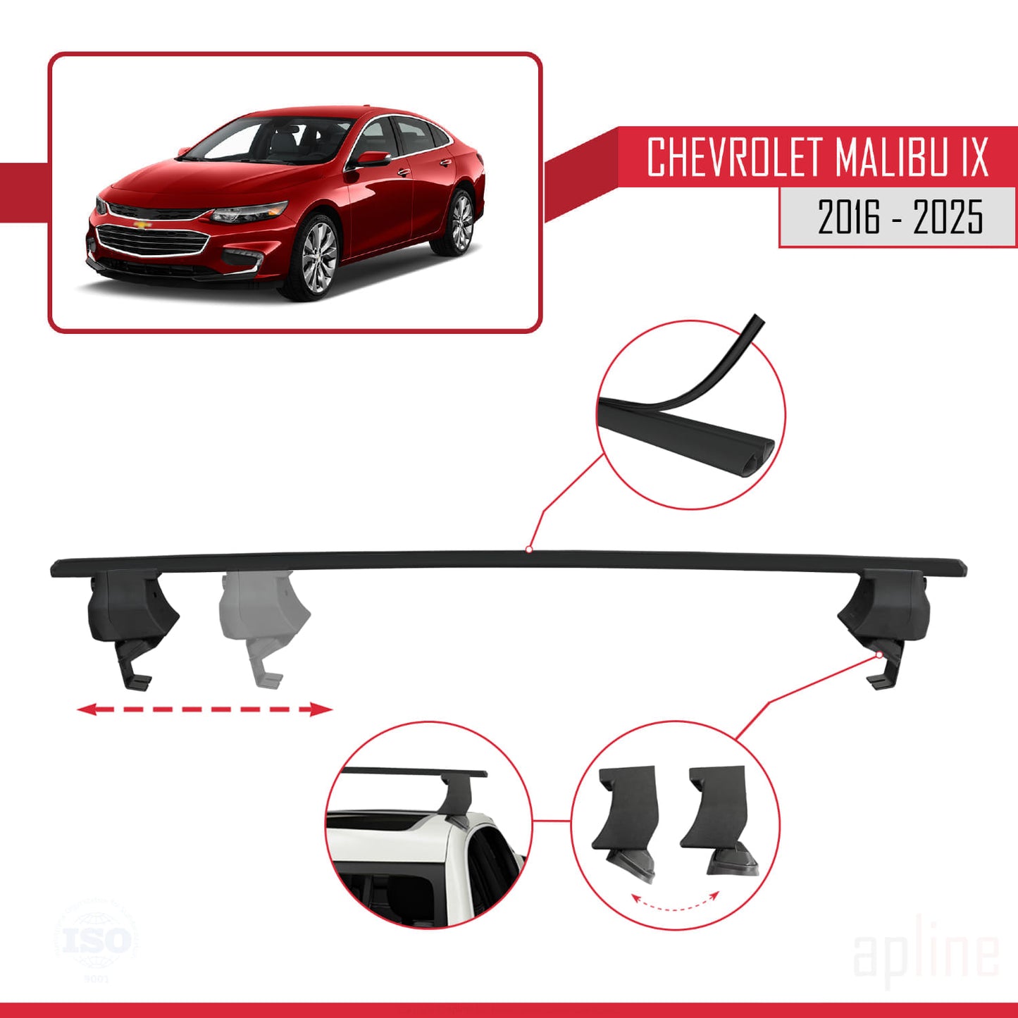 Kompatibel mit Chevrolet Malibu IX 2016-2025 ACE-4 Dachgepäckträger, Reling, Gepäckträger, schwarzes Aluminium, 2 Stangen