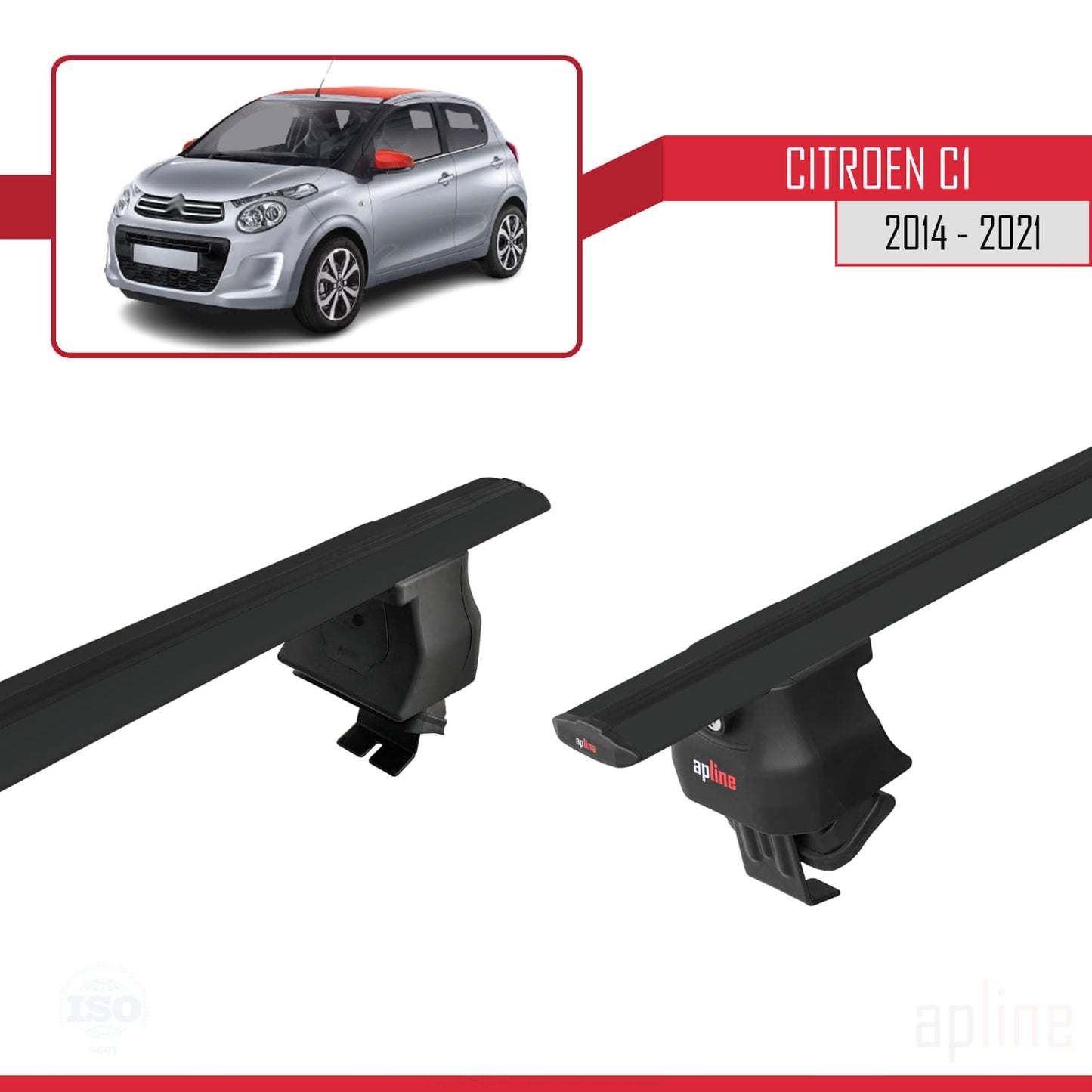 Kompatibel mit Citroen C1 (AB40) 2014-2021 ACE-4 Dachgepäckträger, Reling, Gepäckträger, schwarzes Aluminium, 2 Stangen