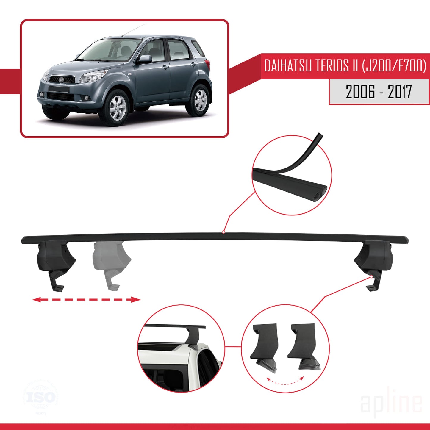 Compatible avec Daihatsu Terios 2 (J200/F700) 2006-2017 ACE-4 Barres de Toit Railing Porte-Bagages de Voiture Noir Aluminium 2 Barres