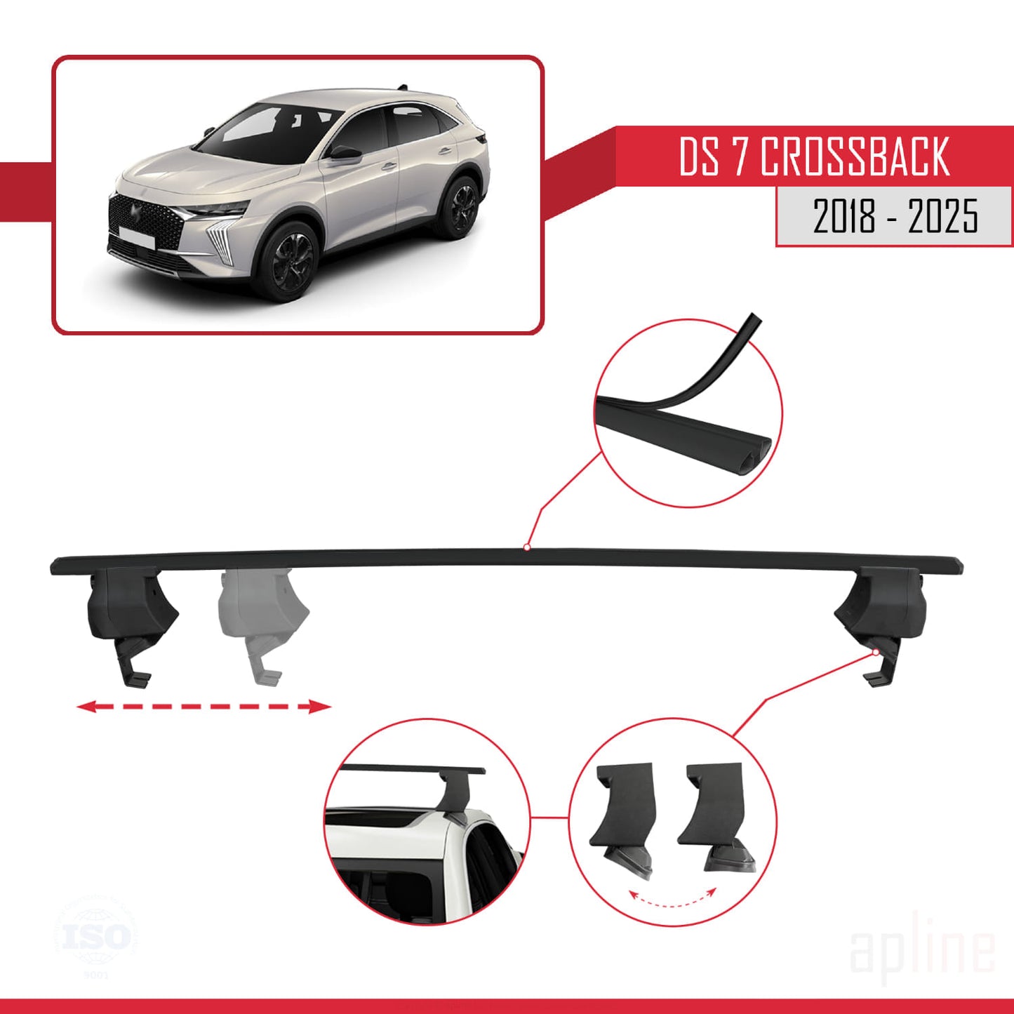 Compatible avec DS 7 Crossback 2018-2025 ACE-4 Barres de Toit Railing Porte-Bagages de Voiture Noir Aluminium 2 Barres