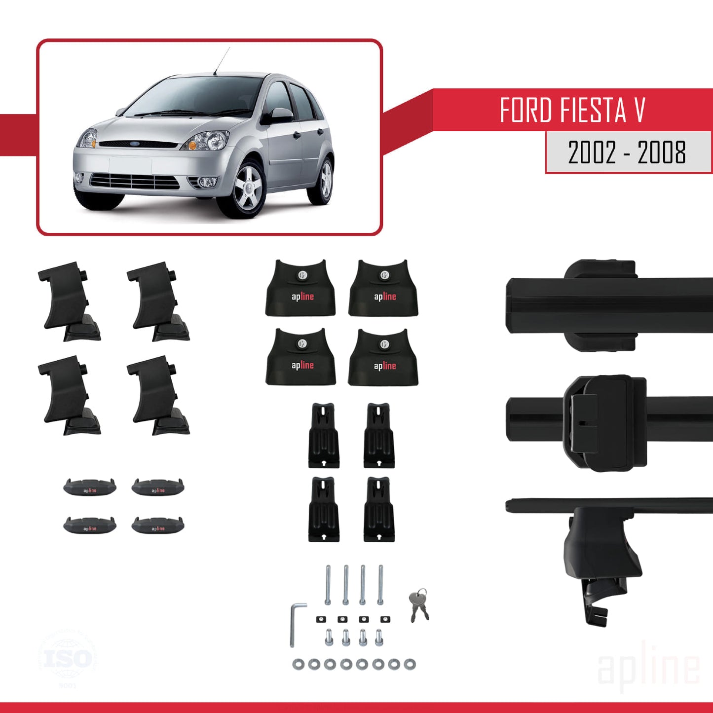 Kompatibel mit Ford Fiesta 5 2002-2008 ACE-4 Dachträger, Auto-Dachgepäckträger, schwarzes Aluminium, 2 Stangen