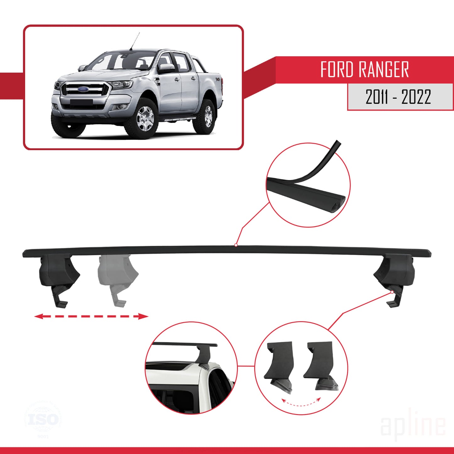 Compatible with Ford Ranger (P375) 2011-2022 ACE-4 Car Roof Rack Cross Bar Black Aluminium 2 Bars