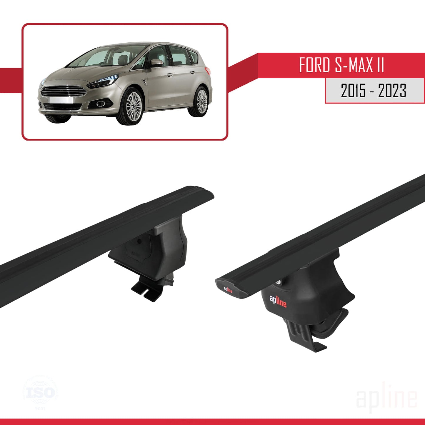Compatible with Ford S-Max 2 (CD539) 2015-2023 ACE-4 Car Roof Rack Cross Bar Black Aluminium 2 Bars