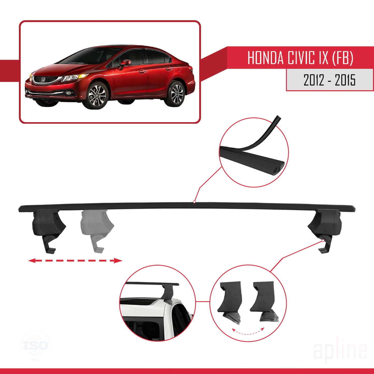 Compatible with Honda Civic 9 (FB) Sedan 2012-2015 ACE-4 Car Roof Rack Cross Bar Black Aluminium 2 Bars