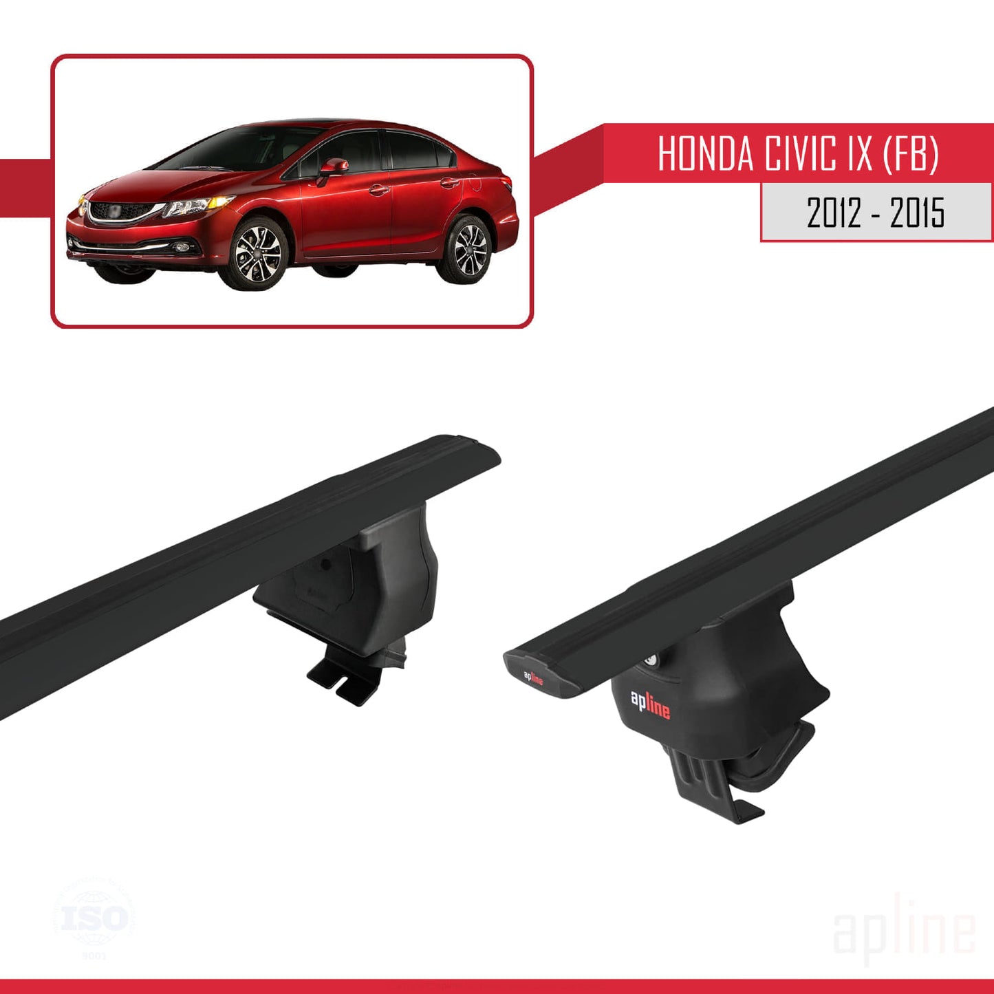 Compatible with Honda Civic 9 (FB) Sedan 2012-2015 ACE-4 Car Roof Rack Cross Bar Black Aluminium 2 Bars