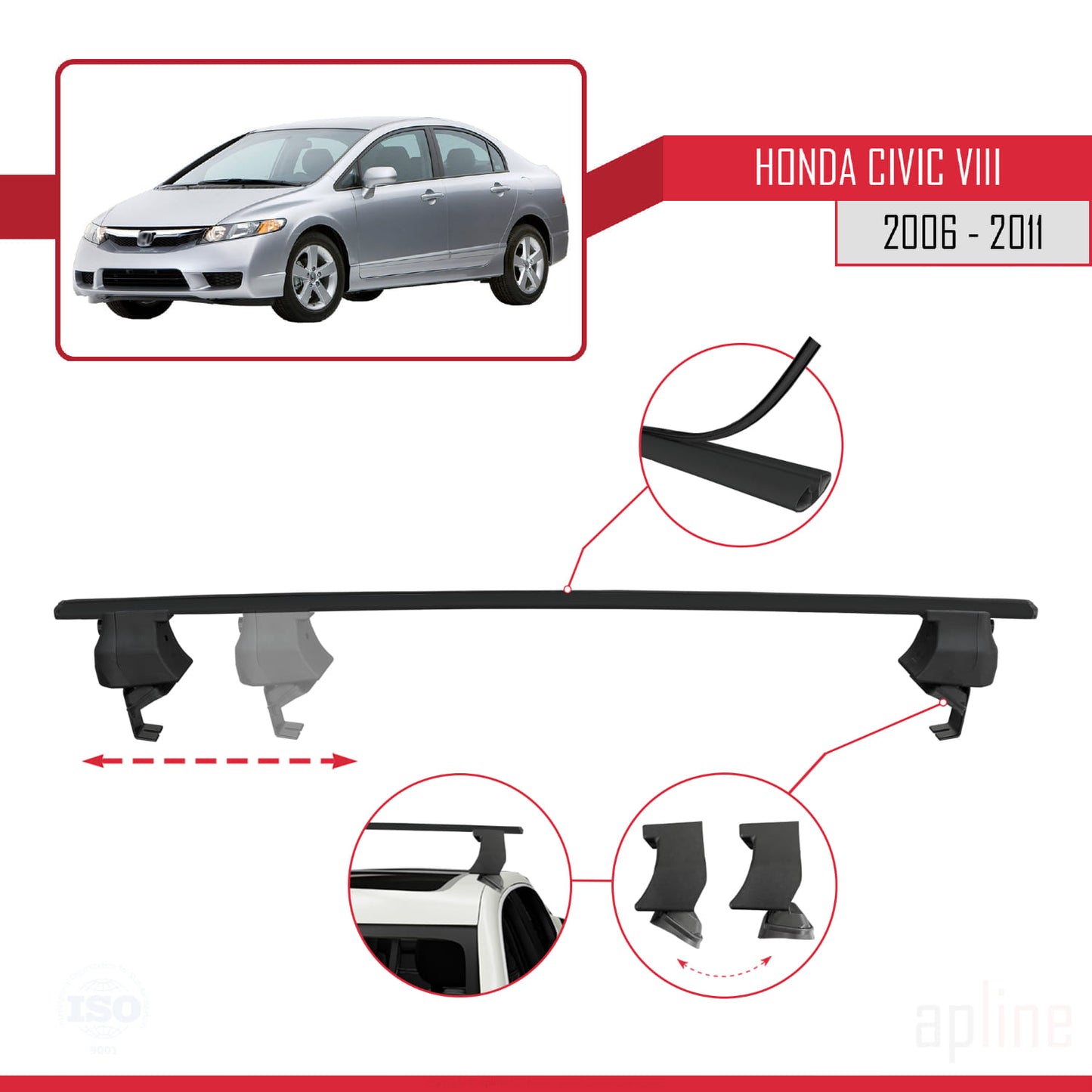 Compatible with Honda Civic 8 V3 Sedan 2006-2011 ACE-4 Car Roof Rack Cross Bar Black Aluminium 2 Bars