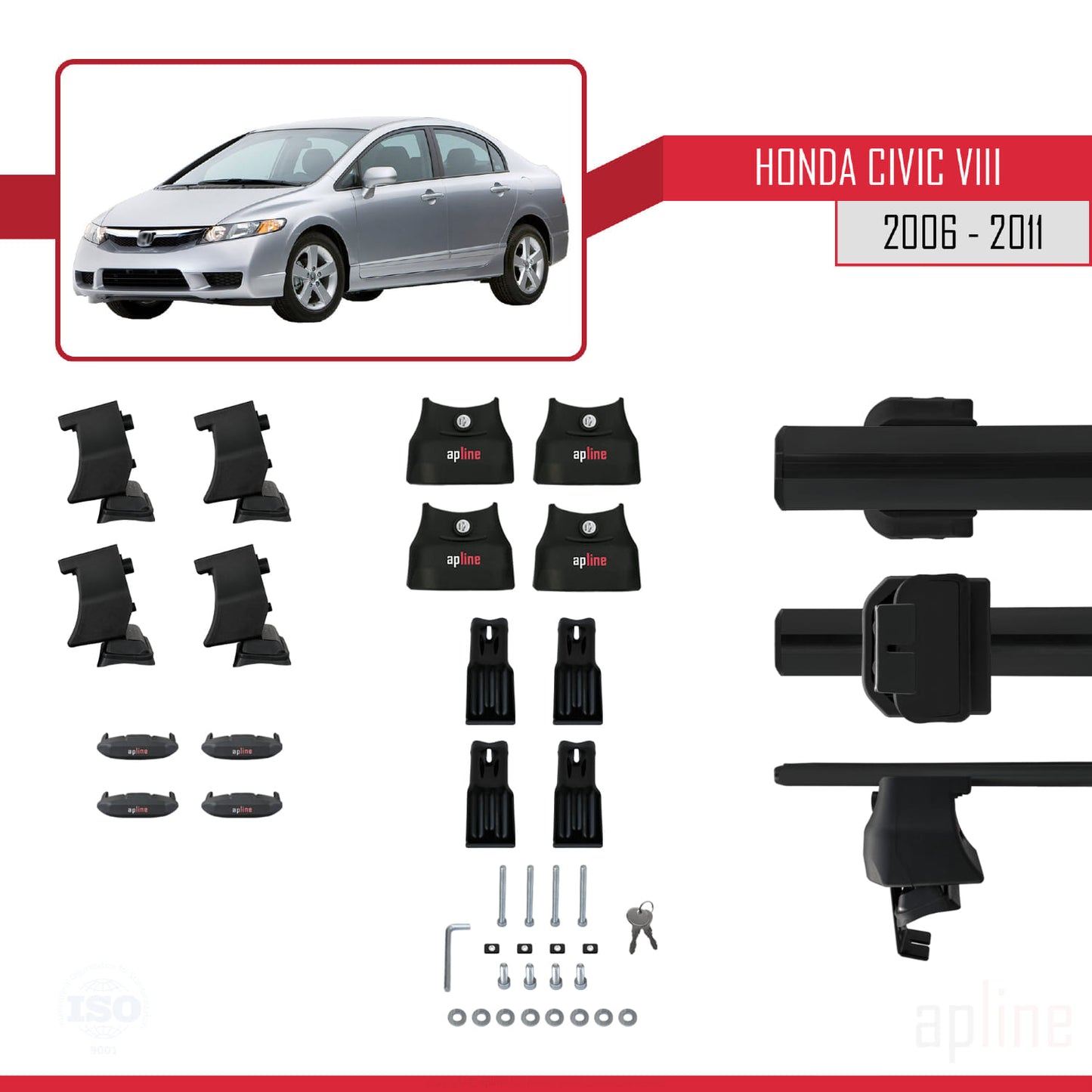 Compatible with Honda Civic 8 V3 Sedan 2006-2011 ACE-4 Car Roof Rack Cross Bar Black Aluminium 2 Bars