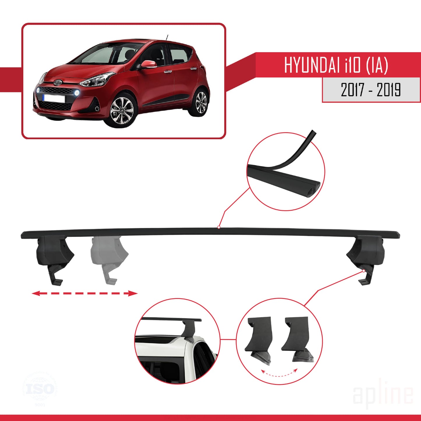Kompatibel mit Hyundai i10 II (IA) Post-Facelift 2017-2019 ACE-4 Relingträger Dachträger Auto Gepäckträger Schwarz Aluminium 2 Stangen
