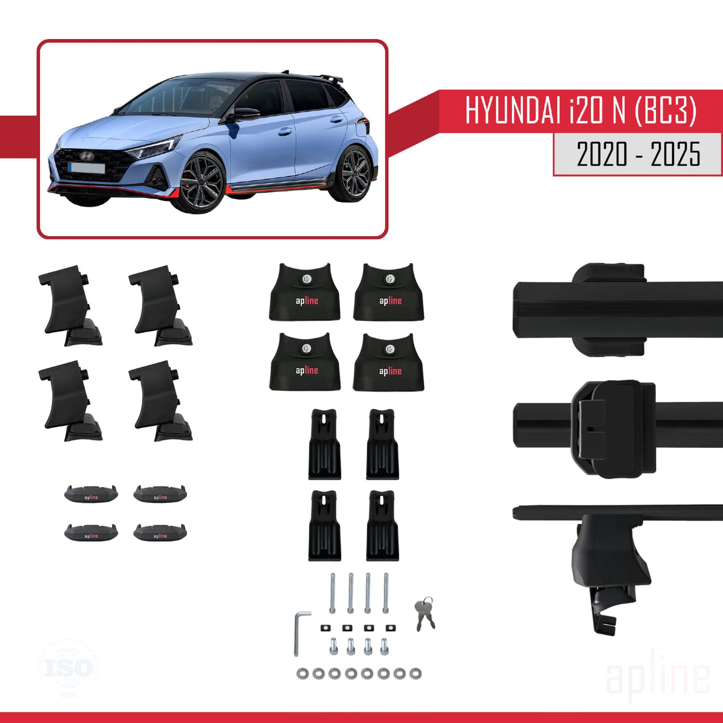 Compatible with Hyundai i20 III (BC3) N 2020-2025 ACE-4 Car Roof Rack Cross Bar Black Aluminium 2 Bars