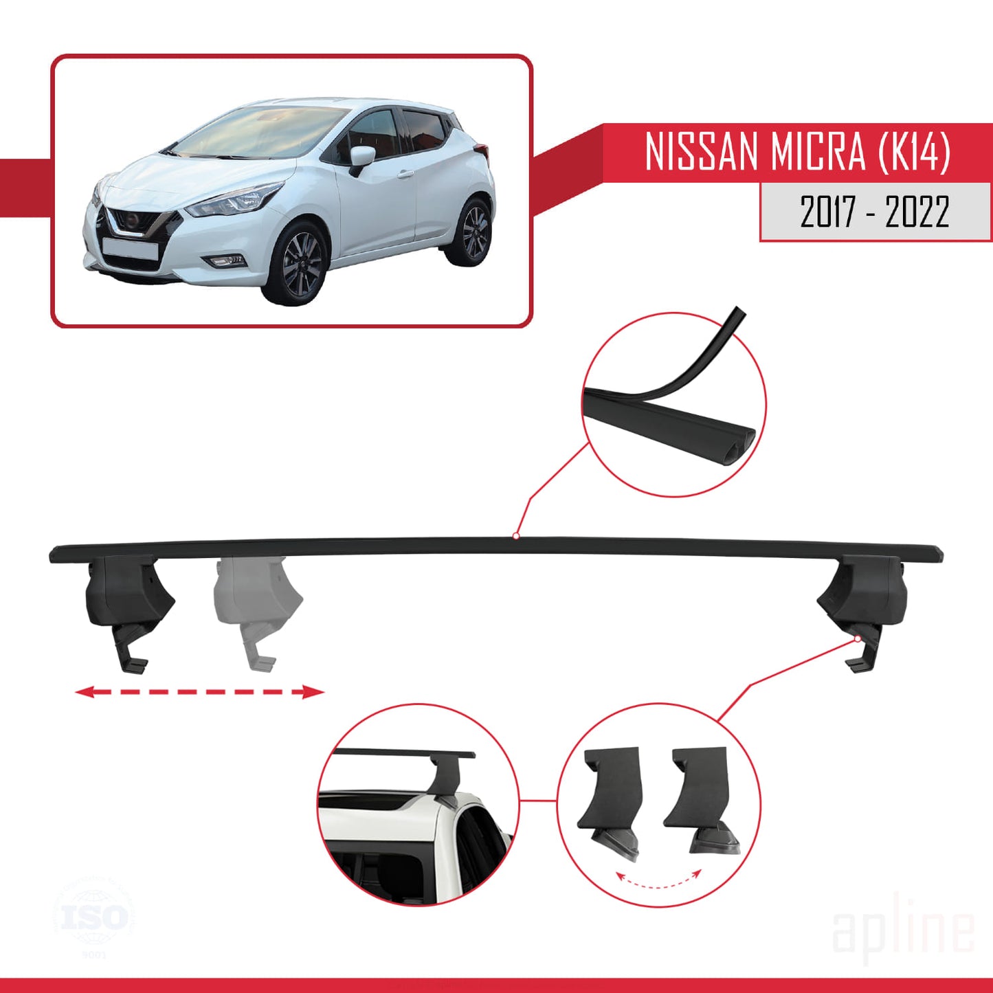 Compatible avec Nissan Micra 5 (K14) 2017-2022 ACE-4 Barres de Toit Railing Porte-Bagages de Voiture Noir Aluminium 2 Barres
