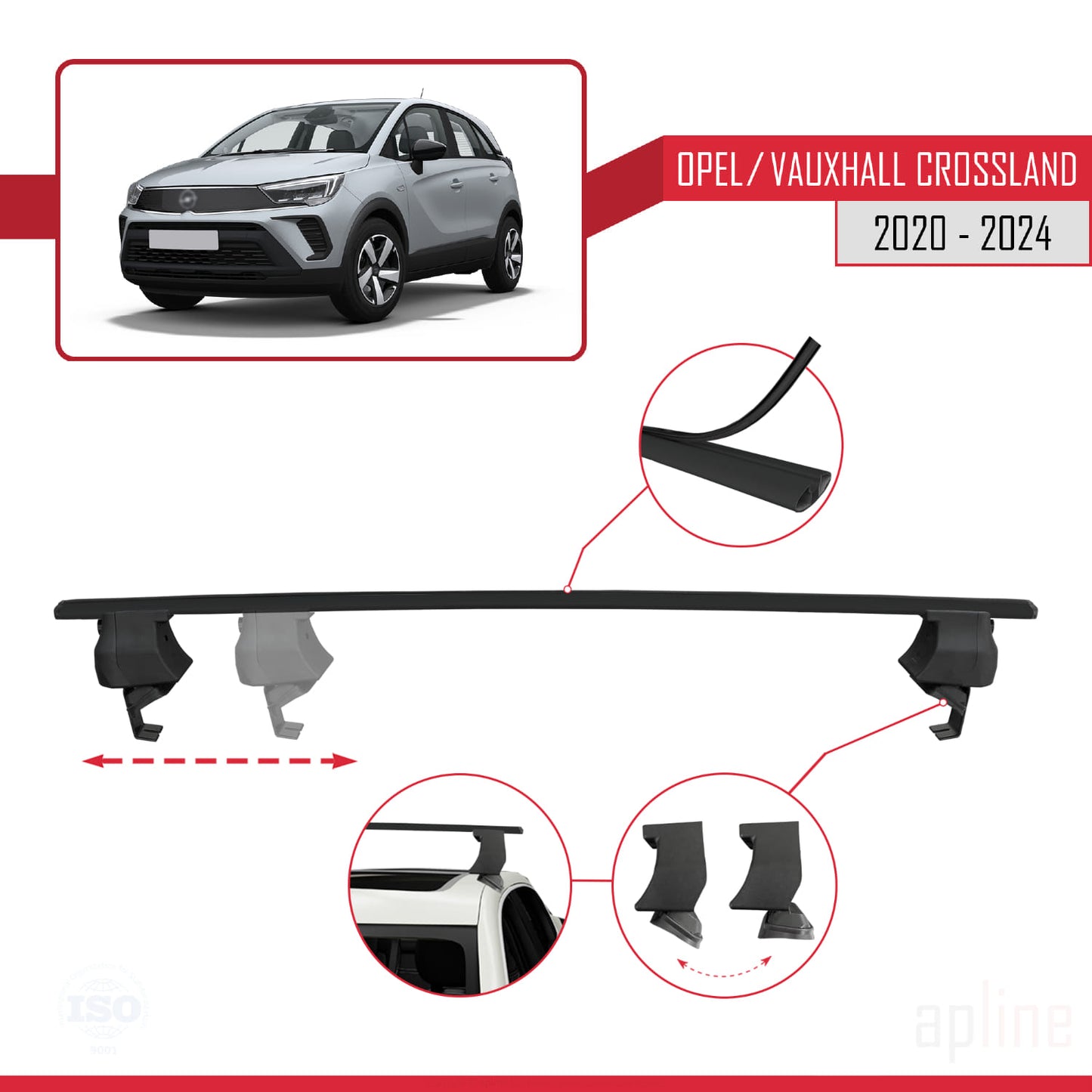 Compatible with Opel/Vauxhall Crossland 2020-2024 ACE-4 Car Roof Rack Cross Bar Black Aluminium 2 Bars