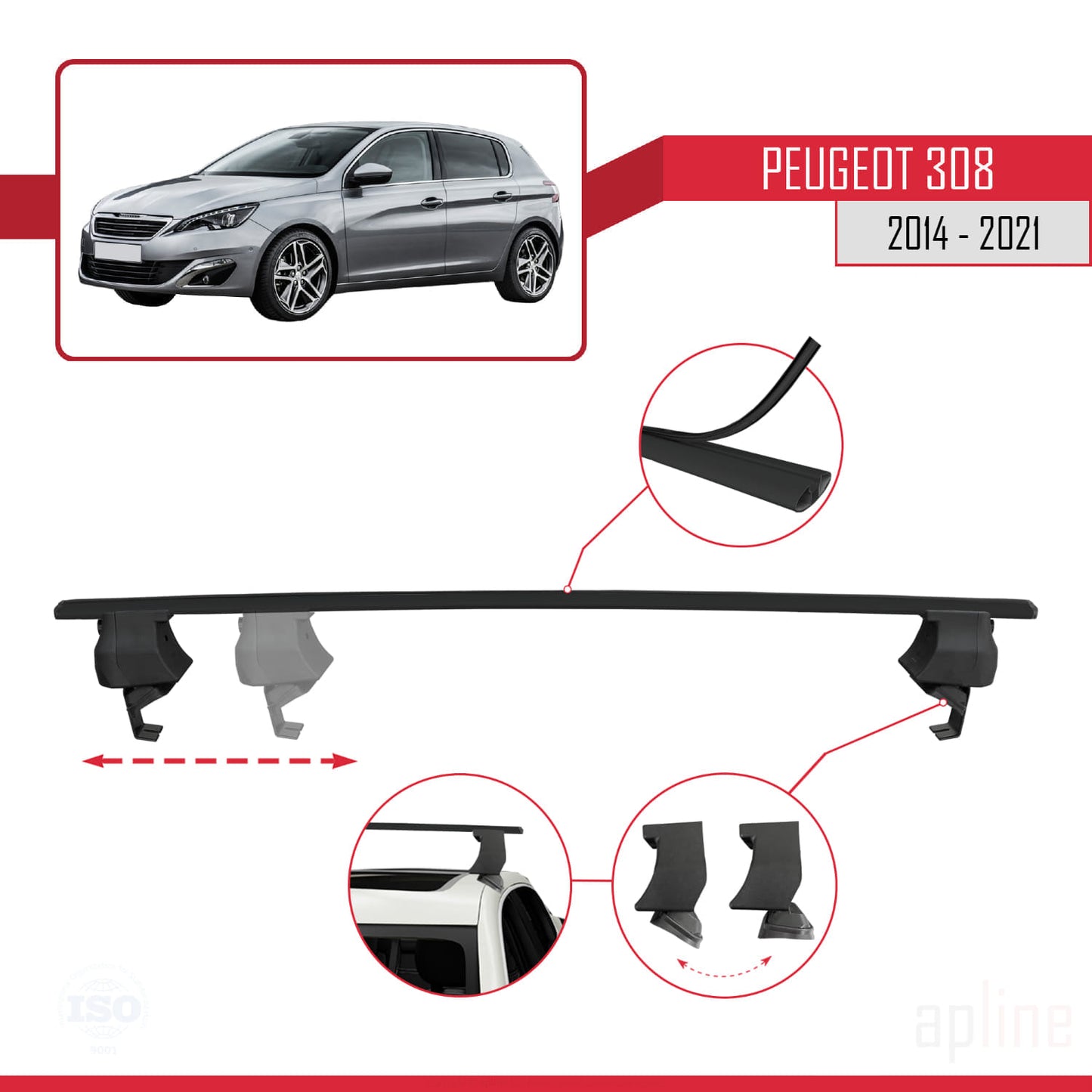 Kompatibel mit Peugeot 308 II (T9) 2014-2021 ACE-4 Relingträger Dachträger Auto Gepäckträger Schwarz Aluminium 2 Stangen
