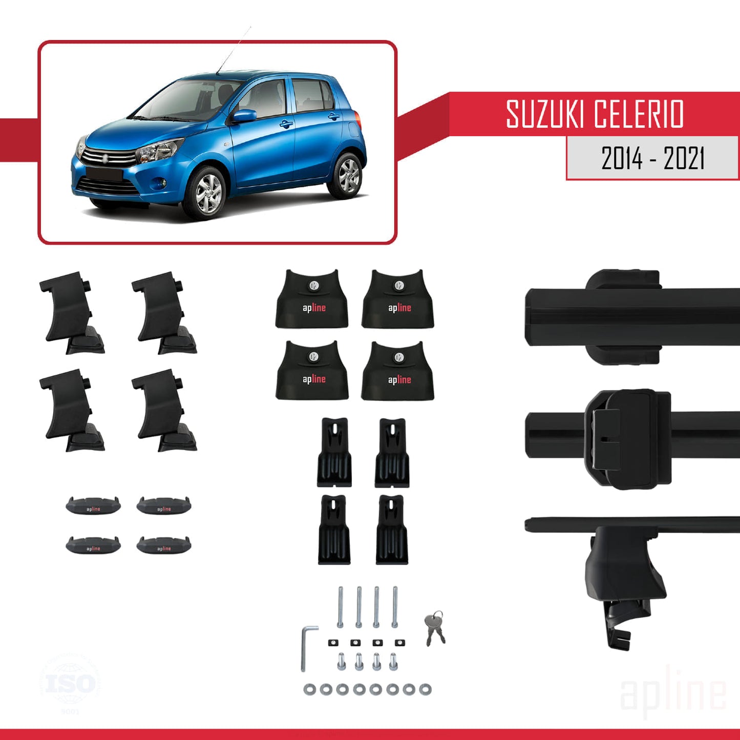 Compatible with Suzuki Celerio 2 (FE) 2014-2021 ACE-4 Car Roof Rack Cross Bar Black Aluminium 2 Bars