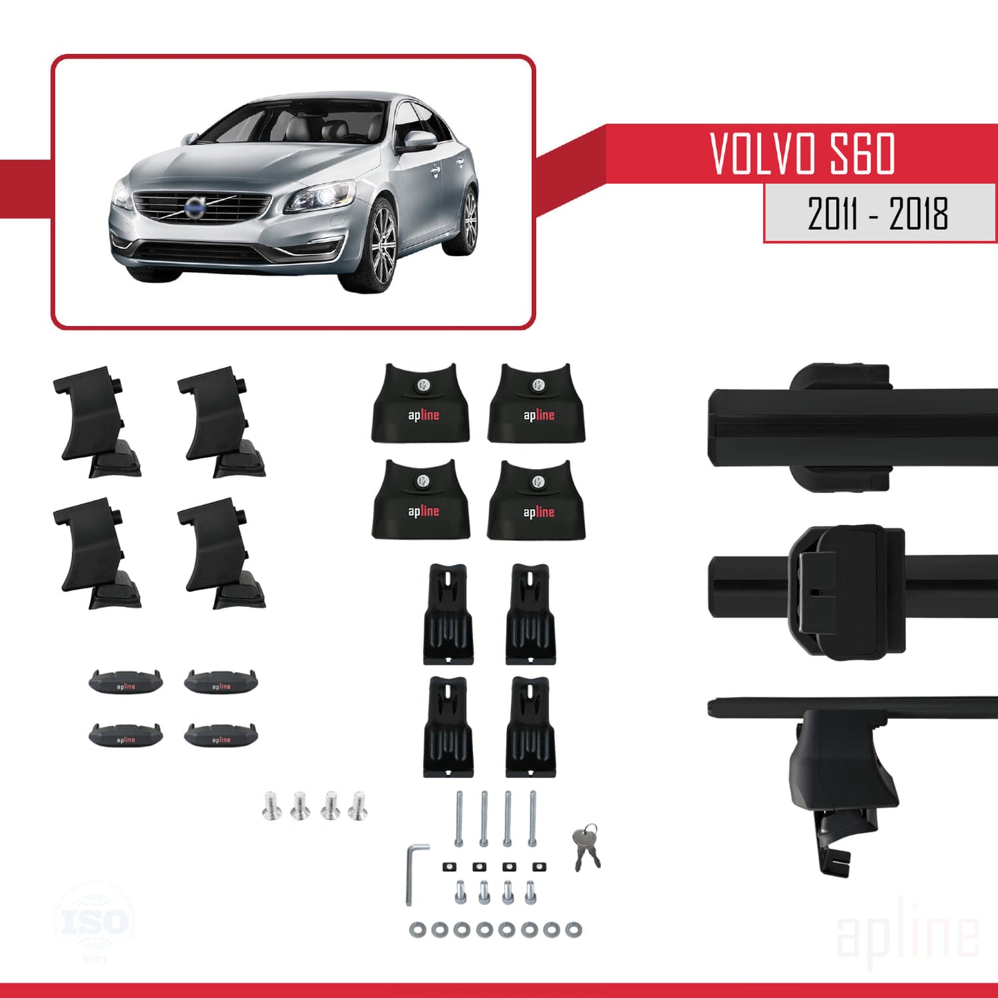 Compatible avec Volvo S60 II 2011-2018 ACE-4 Barres de Toit Railing Porte-Bagages de Voiture Noir Aluminium 2 Barres