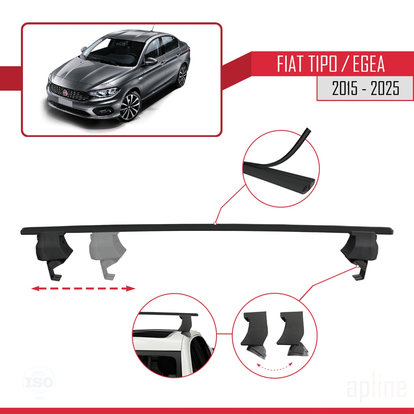 Compatible avec Fiat Egea Berline 2015-2025 ACE-4 Barres de Toit Railing Porte-Bagages de Voiture Noir Aluminium 2 Barres