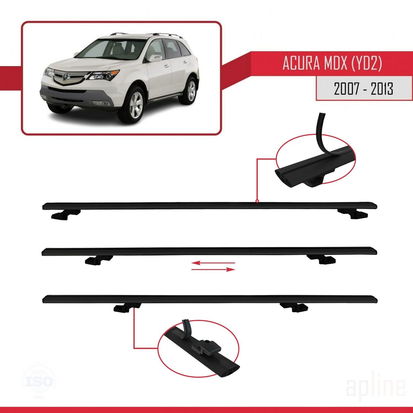Kompatibel mit Acura MDX (YD2) 2007-2013 Basismodell Dachgepäckträger, schwarzes Aluminium, 2 Stangen