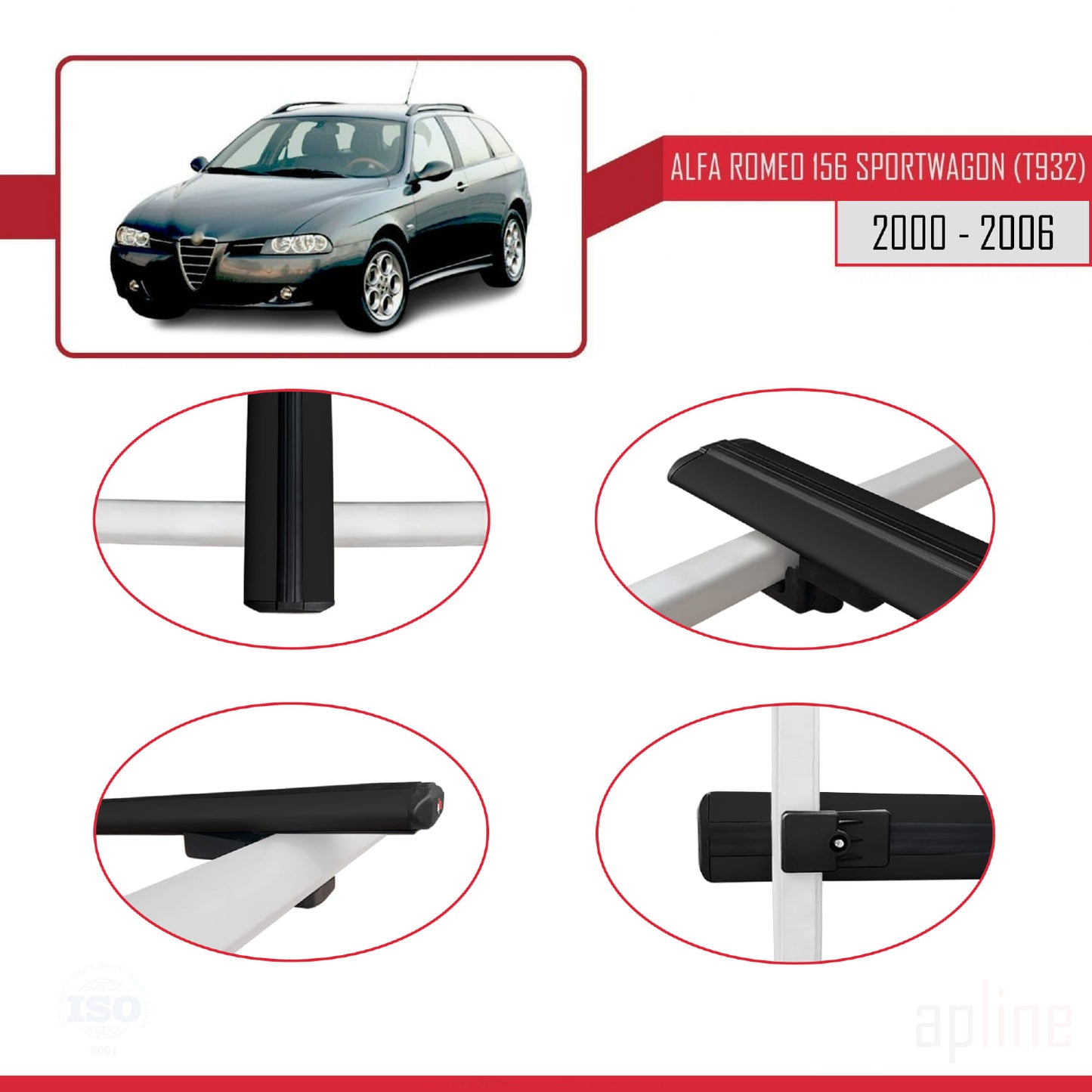 Kompatibel mit Alfa Romeo 156 (T932) Kombi 2000-2006 Basismodell Dachgepäckträger Gepäckträger Schwarz Aluminium 2 Stangen